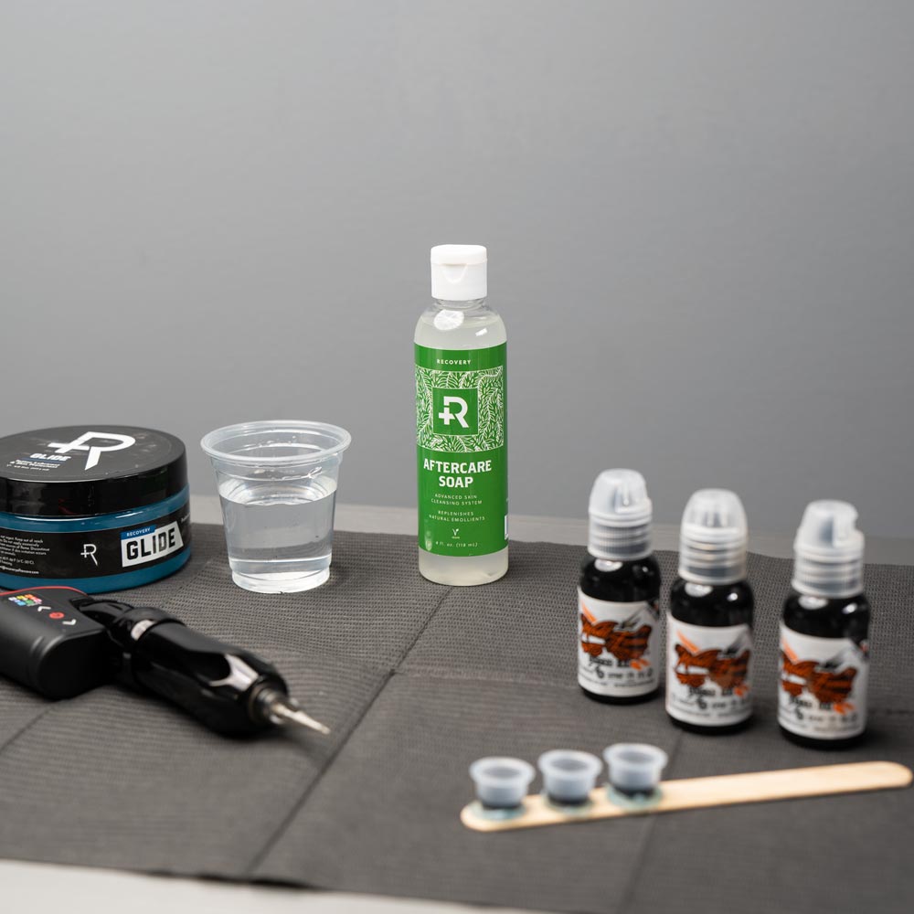 Aftercare soap as part of a Recovery tattoo setup