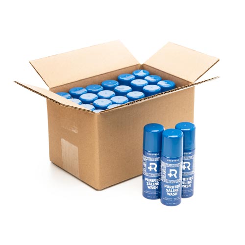 Case of Purified Saline Wash with three saline wash bottles in front of it