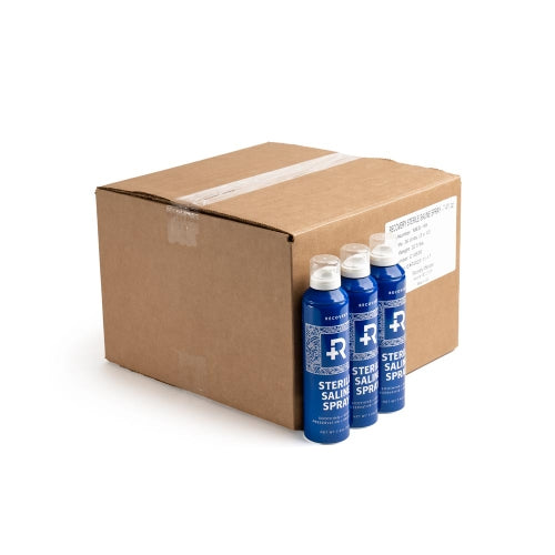 Three Sterile Saline Wash bottles in front of box