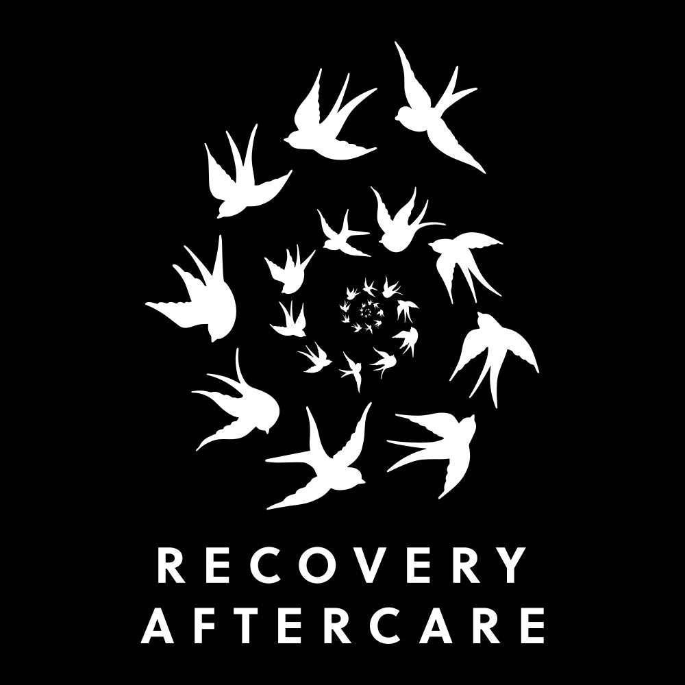 Recovery Aftercare white logo on black background